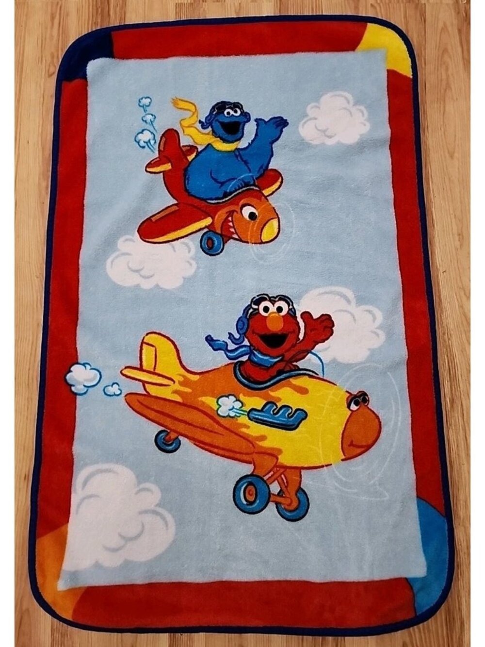 Sesame Street Elmo Cookie Monster Fleece Throw Blanket Flying Airplanes 28"X 44"